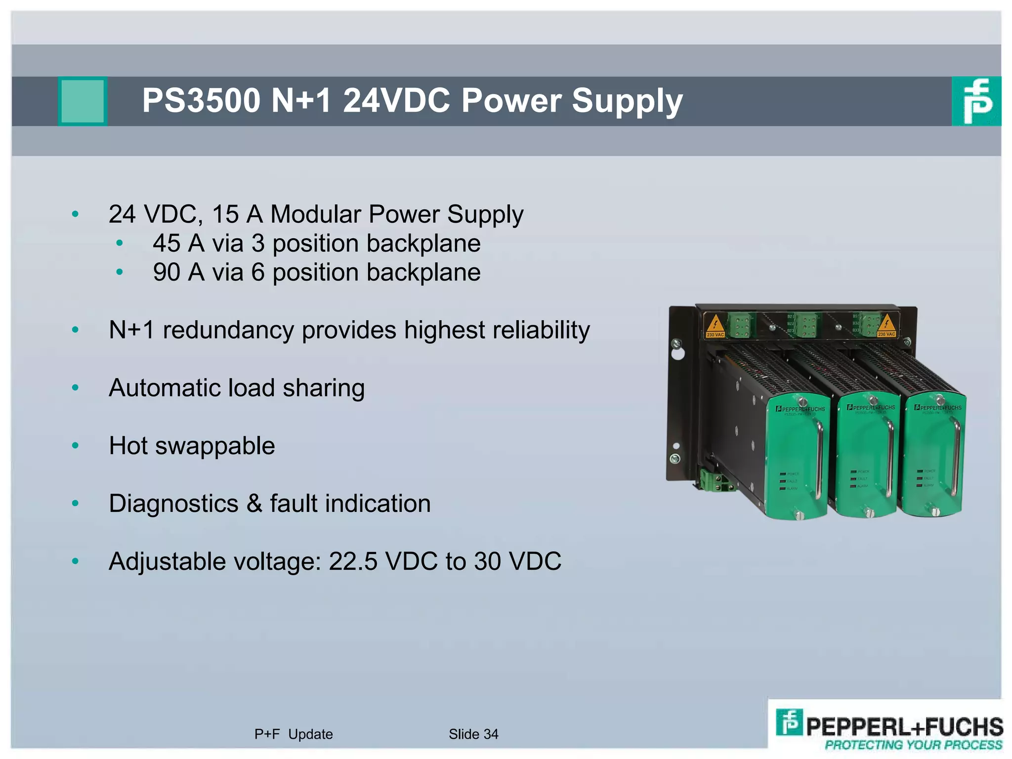 PS3500 N+1 24VDC Power Supply 24 VDC, 15 A Modular Power Supply 45 A via 3 position backplane 90 A via 6 position backplane N+1 redundancy provides highest reliability Automatic load sharing Hot swappable Diagnostics & fault indication Adjustable voltage: 22.5 VDC to 30 VDC P+F  Update Slide  