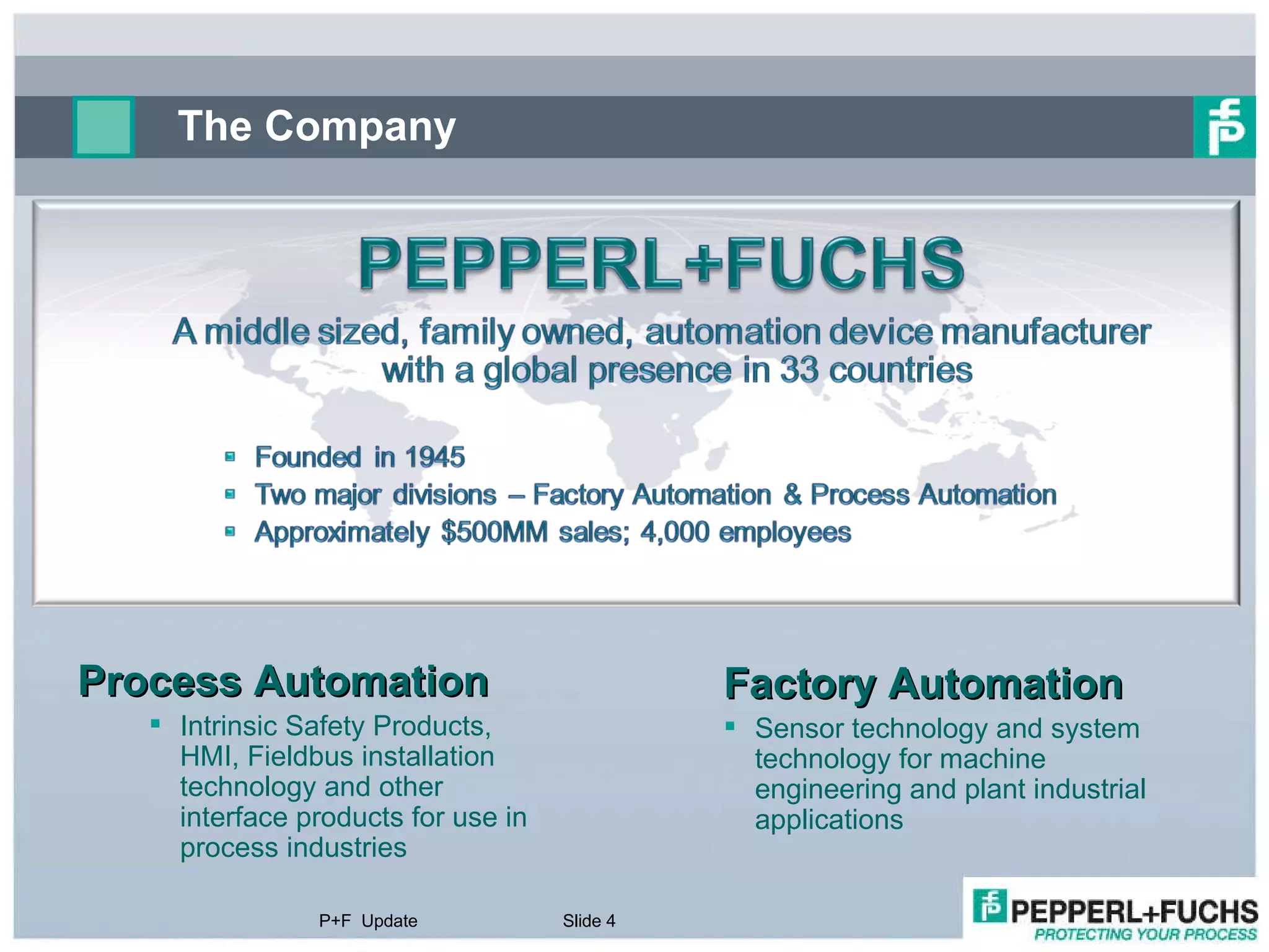 The Company P+F  Update Slide  Factory Automation Sensor technology and system technology for machine engineering and plant industrial applications  Process Automation Intrinsic Safety Products, HMI, Fieldbus installation technology and other interface products for use in process industries 