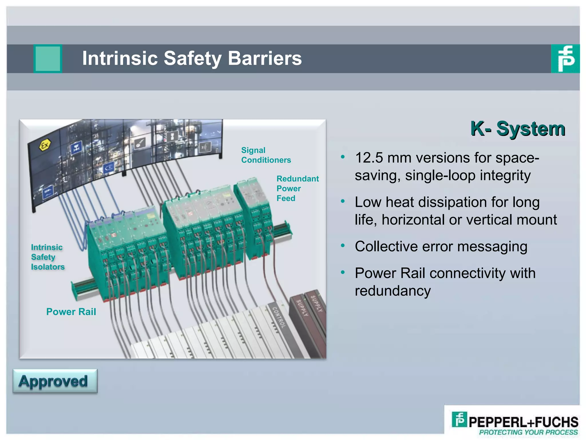 Intrinsic Safety Barriers K- System 12.5 mm versions for space-saving, single-loop integrity Low heat dissipation for long life, horizontal or vertical mount Collective error messaging Power Rail connectivity with redundancy Signal Conditioners Redundant Power Feed Intrinsic Safety Isolators Power Rail 