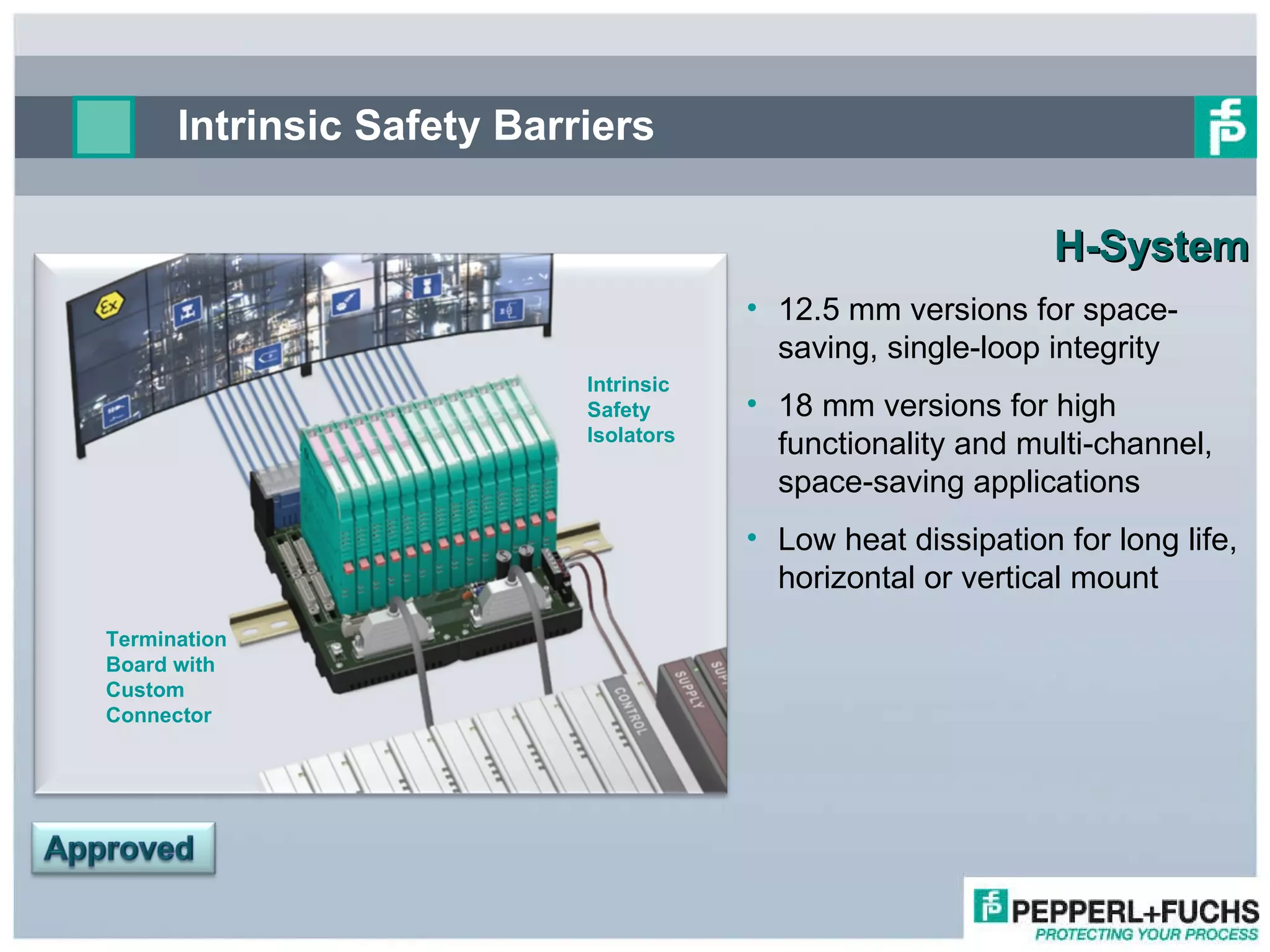 H-System 12.5 mm versions for space-saving, single-loop integrity 18 mm versions for high functionality and multi-channel, space-saving applications Low heat dissipation for long life, horizontal or vertical mount Intrinsic Safety Barriers Intrinsic Safety Isolators Termination Board with  Custom Connector 