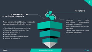 7
EMGE emgeonline.com.br
PLANEJAMENTO
ESTRATÉGICO E LIDERANÇA
Neste treinamento os lideres de vendas vão
aprender e desenvolver Dentre outros:
Identificação de pontos de melhorias
Planos de trabalho (Bussiness Plan)
Formação estratégica
Metas e métricas
Formatação de equipes de vendas
Técnicas de lideranças
Resultado
Lideranças com maior
assertividade produtividade,
resultados consistentes.
Setor comercial mais estruturado
e eficiente.
Equipes bem formatadas e com
resultados consistente.
 