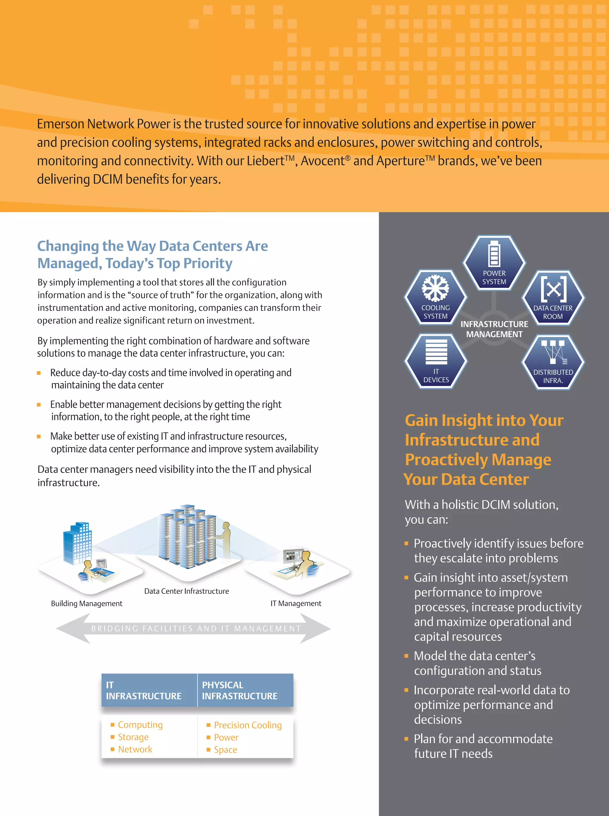 Changing the Way Data Centers Are
Managed, Today’s Top Priority
By simply implementing a tool that stores all the configuration
information and is the “source of truth” for the organization, along with
instrumentation and active monitoring, companies can transform their
operation and realize significant return on investment.
By implementing the right combination of hardware and software
solutions to manage the data center infrastructure, you can:
	 Reduce day-to-day costs and time involved in operating and
maintaining the data center
	 Enable better management decisions by getting the right
information, to the right people, at the right time
	 Make better use of existing IT and infrastructure resources,
optimize data center performance and improve system availability
Data center managers need visibility into the the IT and physical
infrastructure.
IT
INFRASTRUCTURE
PHYSICAL
INFRASTRUCTURE
Computing
Storage
Network
Precision Cooling
Power
Space
Gain Insight into Your
Infrastructure and
Proactively Manage
Your Data Center
With a holistic DCIM solution,
you can:
	 Proactively identify issues before
they escalate into problems
	 Gain insight into asset/system
performance to improve
processes, increase productivity
and maximize operational and
capital resources
	 Model the data center’s
configuration and status
	 Incorporate real-world data to
optimize performance and
decisions
	 Plan for and accommodate
future IT needs
Building Management
Data Center Infrastructure
IT Management
B R I D G I N G FA C I L I T I E S A N D I T M A N A G E M E N T
POWER
SYSTEM
COOLING
SYSTEM
DATACENTER
ROOM
DISTRIBUTED
INFRA.
IT
DEVICES
INFRASTRUCTURE
MANAGEMENT
Emerson Network Power is the trusted source for innovative solutions and expertise in power
and precision cooling systems, integrated racks and enclosures, power switching and controls,
monitoring and connectivity. With our LiebertTM
, Avocent®
and ApertureTM
brands, we’ve been
delivering DCIM benefits for years.
 