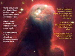 Cette nébuleuse
                       Αυτό το νεφέλωμα
est des millions
                       είναι εκατομμύρια
de fois plus
                    φορές μεγαλύτερο από
grande que notre
                            το ηλιακό μας
système solaire.
                               σύστημα.
C’est ici que
                            Εδώ είναι που
naissent les
                      γεννιούνται αστέρια
étoiles telle que
                         όπως ο δικός μας
notre soleil.
                                   ήλιος.
Les nébuleuses
                     Νεφελώματα είναι οι
sont les
                      “αίθουσες τοκετού”
chambres
                          του σύμπαντος.
d’accouchement
de l’univers.
 