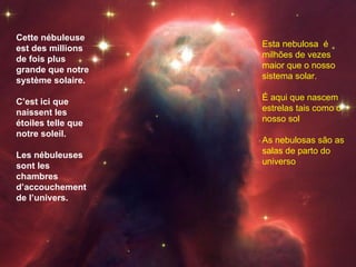 Cette nébuleuse est des millions de fois plus grande que notre système solaire.  C’est ici que naissent les étoiles telle que notre soleil.  Les nébuleuses sont les chambres d’accouchement de l’univers. Esta nebulosa  é  milhões de vezes maior que o nosso sistema solar. É aqui que nascem estrelas tais como o nosso sol As nebulosas são as salas de parto do universo 