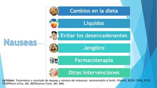 Cambios en la dieta
Líquidos
Evitar los desencadenantes
Jengibre
Farmacoterapia
Otras intervenciones
UpToDate: Tratamiento y resultado de náuseas y vómitos del embarazo. AutoresJudith A Smith, PharmD, BCOP, CPHQ, FCCP,
FISOPPKarin A Fox, MD, MEDShannon Clark, MD, MMS
 