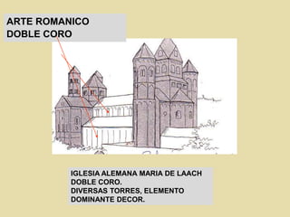 IGLESIA ALEMANA MARIA DE LAACH
DOBLE CORO.
DIVERSAS TORRES, ELEMENTO
DOMINANTE DECOR.
ARTE ROMANICO
DOBLE CORO
 