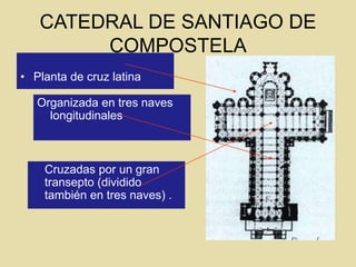 CATEDRAL DE SANTIAGO DE
COMPOSTELA
• Planta de cruz latina
Organizada en tres naves
longitudinales
Cruzadas por un gran
transepto (dividido
también en tres naves) .
 