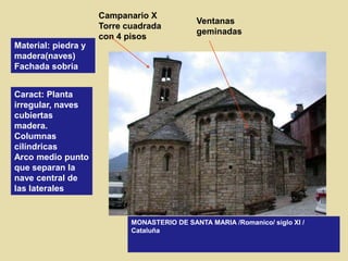 MONASTERIO DE SANTA MARIA /Romanico/ siglo XI /
Cataluña
Material: piedra y
madera(naves)
Fachada sobria
Caract: Planta
irregular, naves
cubiertas
madera.
Columnas
cilíndricas
Arco medio punto
que separan la
nave central de
las laterales
Campanario X
Torre cuadrada
con 4 pisos
Ventanas
geminadas
 