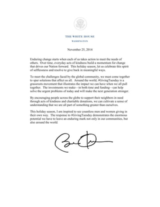 November 25, 2014 
Enduring change starts when each of us takes action to meet the needs of others. Over time, everyday ac...