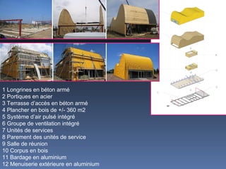 1 Longrines en béton armé 2 Portiques en acier 3 Terrasse d’accès en béton armé 4 Plancher en bois de +/- 360 m2 5 Système d’air pulsé intégré 6 Groupe de ventilation intégré 7 Unités de services 8 Parement des unités de service 9 Salle de réunion 10 Corpus en bois 11 Bardage en aluminium 12 Menuiserie extérieure en aluminium 