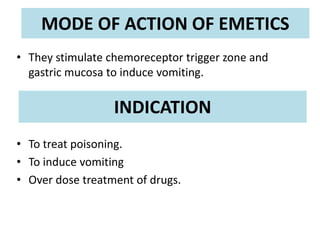 MODE OF ACTION OF EMETICS
• They stimulate chemoreceptor trigger zone and
gastric mucosa to induce vomiting.
• To treat poisoning.
• To induce vomiting
• Over dose treatment of drugs.
INDICATION
 
