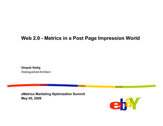 Web 2.0 - Metrics in a Post Page Impression World

Deepak Nadig
Distinguished Architect

eMetrics Marketing Optimization Summit
May 05, 2009

 