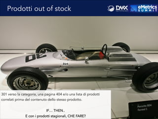 301 verso la categoria, una pagina 404 e/o una lista di prodotti
correlati prima del contenuto dello stesso prodotto.
IF… THEN..
E con i prodotti stagionali, CHE FARE?
Prodotti out of stock
 
