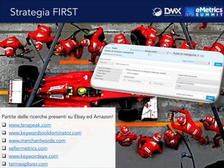 Partite dalle ricerche presenti su Ebay ed Amazon!
q  www.terapeak.com
q  www.keywordtooldominator.com
q  www.merchantwords.com
q  sellermetrics.com
q  www.keywordeye.com
q  termexplorer.com
Strategia FIRST
 