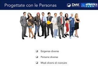 Progettate con le Personas
q  Esigenze diverse
q  Persone diverse
q  Modi diversi di ricercare
 