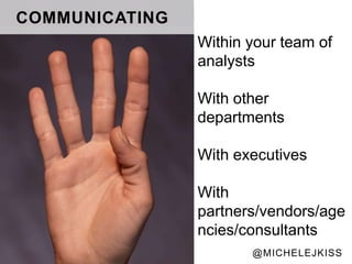 COMMUNICATING
Within your team of
analysts
With other
departments
With executives
With
partners/vendors/age
ncies/consulta...
