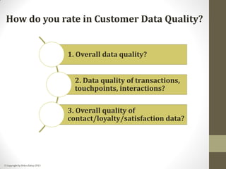  Copyright by Debra Zahay 2013
1. Overall data quality?
2. Data quality of transactions,
touchpoints, interactions?
3. Ov...