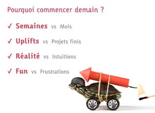 Pourquoi commencer demain ?

✓ Semaines     vs Mois

✓ Uplifts   vs Projets finis

✓ Réalité   vs Intuitions

✓ Fun   vs Frustrations
 