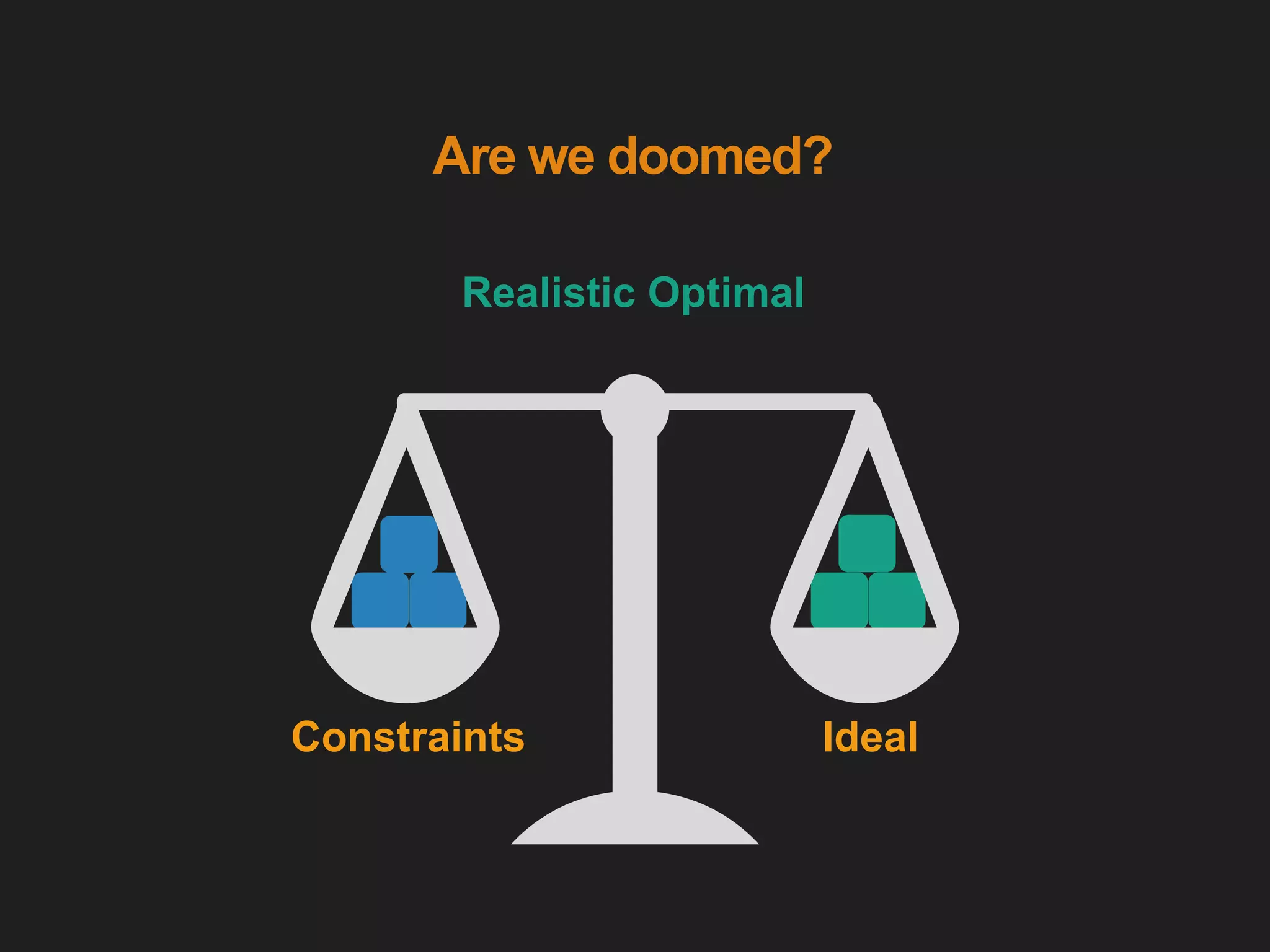 Are we doomed?
Constraints Ideal
Realistic Optimal
 