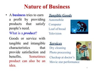 Nature of Business
• A business tries to earn
a profit by providing
products that satisfy
people’s need.
What is a product?
Goods or service with
tangible and intangible
characteristics that
provide satisfaction and
benefits. Sometimes
product can also be an
idea.
Tangible Goods
Automobile
Computer
Loaf of bread
Television
Services
Dry cleaning
Photo processing
Checkup at doctor’s
Movie star performance
4
 