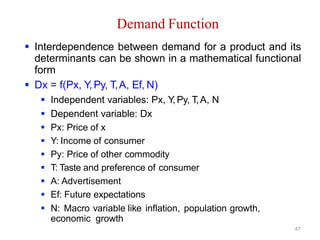47
Demand Function
 Interdependence between demand for a product and its
determinants can be shown in a mathematical functional
form
 Dx = f(Px, Y,Py, T,A, Ef, N)
 Independent variables: Px, Y,Py, T,A, N
 Dependent variable: Dx
 Px: Price of x
 Y: Income of consumer
 Py: Price of other commodity
 T: Taste and preference of consumer
 A: Advertisement
 Ef: Future expectations
 N: Macro variable like inflation, population growth,
economic growth
 