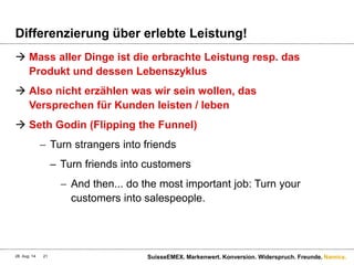 Namics.
Differenzierung über erlebte Leistung!
 Mass aller Dinge ist die erbrachte Leistung resp. das
Produkt und dessen Lebenszyklus
 Also nicht erzählen was wir sein wollen, das
Versprechen für Kunden leisten / leben
 Seth Godin (Flipping the Funnel)
 Turn strangers into friends
– Turn friends into customers
 And then... do the most important job: Turn your
customers into salespeople.
28. Aug. 14 SuisseEMEX. Markenwert. Konversion. Widerspruch. Freunde.21
 