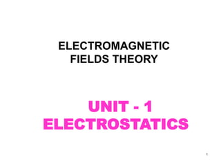 1
UNIT - 1
ELECTROSTATICS
ELECTROMAGNETIC
FIELDS THEORY
 