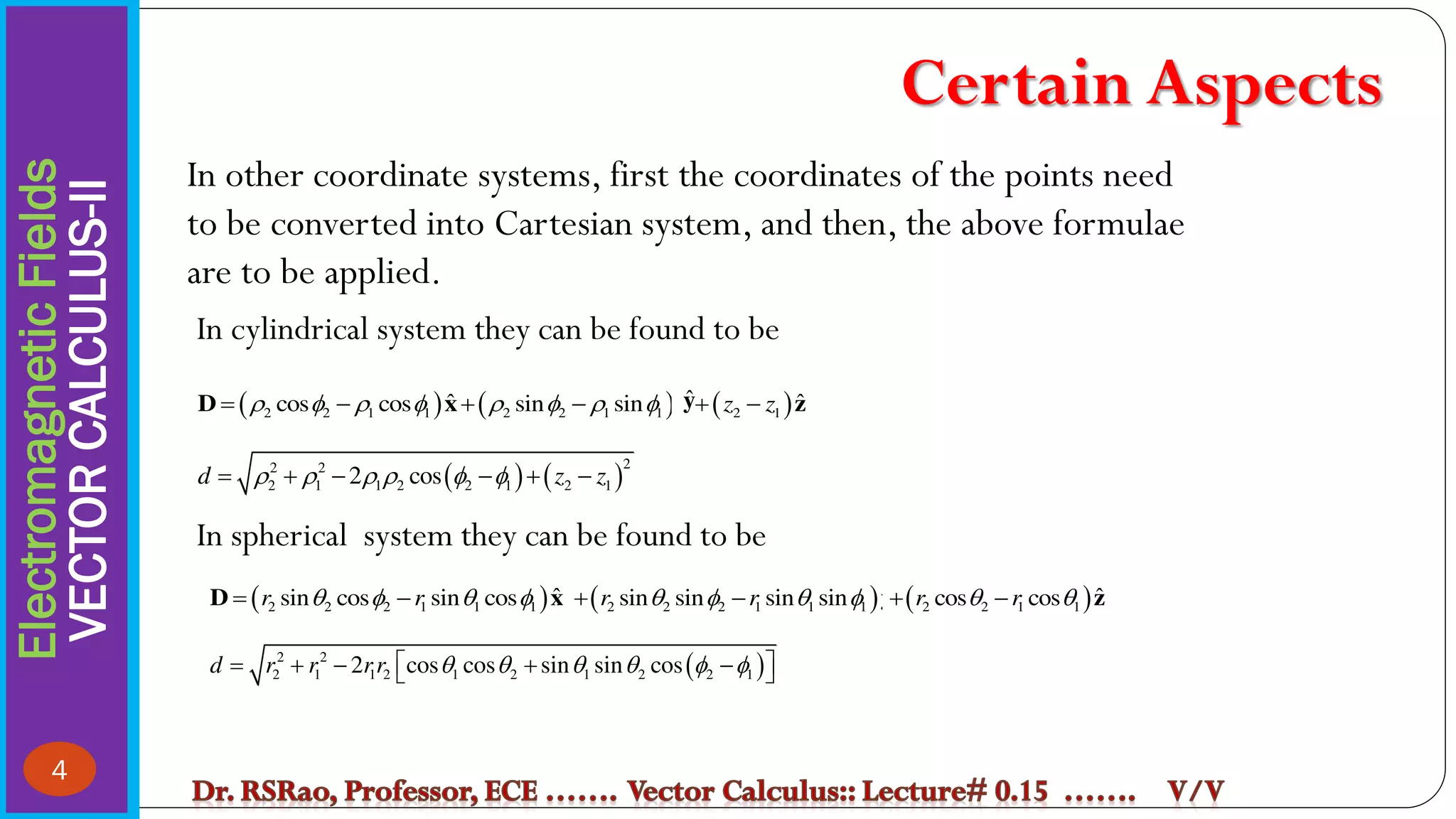 In other coordinate systems, first the coordinates of the points need
to be converted into Cartesian system, and then, the above formulae
are to be applied.
Electromagnetic
Fields
VECTOR
CALCULUS-II
4
In cylindrical system they can be found to be
     
2 2 1 1 2 2 1 1
ˆ ˆ
cos cos sin sin
 f  f  f  f
     
D x
     
2 1
ˆ ˆ
z z
 f  f  f  f
     
y z
ŷ
   
2
2 2
2 1 1 2 2 1 2 1
2 cos
d z z
    f f
     
In spherical system they can be found to be
 
2 2 2 1 1 1
ˆ
sin cos sin cos
r r
 f  f
 
D x  
2 2 2 1 1 1
sin sin sin sin
r r
 f  f
  y  
2 2 1 1
ˆ
cos cos
r r
 
  z
 
2 2
2 1 1 2 1 2 1 2 2 1
2 cos cos sin sin cos
d r r rr     f f
 
    
 
Certain Aspects
 