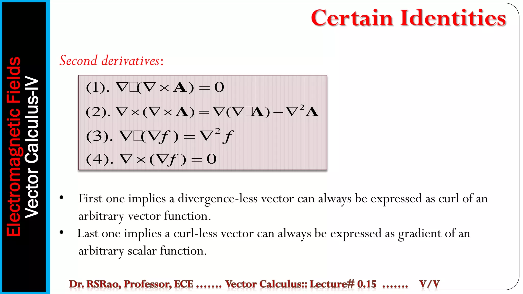 7
Second derivatives:
• First one implies a divergence-less vector can always be expressed as curl of an
arbitrary vector function.
• Last one implies a curl-less vector can always be expressed as gradient of an
arbitrary scalar function.
(1). ( ) 0
  
A
2
(2). ( ) ( )
      
A A A
2
(3). ( )
f f
   
(4). ( ) 0
f
  
Electromagnetic
Fields
Vector
Calculus-IV
Certain Identities
 