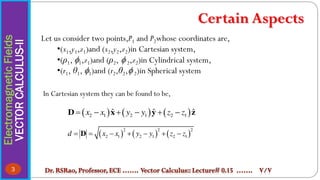 Let us consider two points,P1 and P2whose coordinates are,
•(x1,y1,z1)and (x2,y2,z2)in Cartesian system,
•(ρ1, f1,z1)and (ρ2, f2,z2)in Cylindrical system,
•(r1, θ1, f1)and (r2,θ2,f2)in Spherical system
Electromagnetic
Fields
VECTOR
CALCULUS-II
3
     
2 1 2 1 2 1
ˆ ˆ ˆ
D x y z
x x y y z z
     
     
2 2 2
2 1 2 1 2 1
d x x y y z z
      
D
In Cartesian system they can be found to be,
Certain Aspects
 
