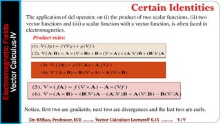 6
Product rules:
Notice, first two are gradients, next two are divergences and the last two are curls.
The application of del operator, on (i) the product of two scalar functions, (ii) two
vector functions and (iii) a scalar function with a vector function, is often faced in
electromagnetics.
(1). ( ) ( ) ( )
fg f g g f
    
(2). ( ) ( ) ( ) ( ) ( )
          
A B A B B A A B B A
(3). ( ) ( ) ( )
f f f
    
A A A
(4). ( ) ( ) ( )
     
A B B A A B
(5). ( ) ( ) ( )
f f f
     
A A A
(6). ( ) ( ) ( ) ( ) ( )
          
A B B A A B A B B A
Electromagnetic
Fields
Vector
Calculus-IV
Certain Identities
 