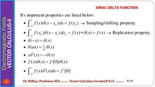 Electromagnetic
Fields
VECTOR
CALCULUS-II DIRAC DELTA FUNCTION
9
It's important properties are listed below:
 ( ) ( ) ( )
o o
f x x x dx f x



 
  Sampling/shifting property.
 ( ) ( ) ( ) ( ) ( )
o o o
f x x x dx f x x f x
 


   
  Replication property.
 ( ) ( )
x x
 
 
 1
( ) ( )
a
ax x
 

 ( ) ( )
x x x
 
  
  
( ) ( ) 0 ( )
f x x f x
 

  
( ) ( ) 0
f x x dx f



 


 