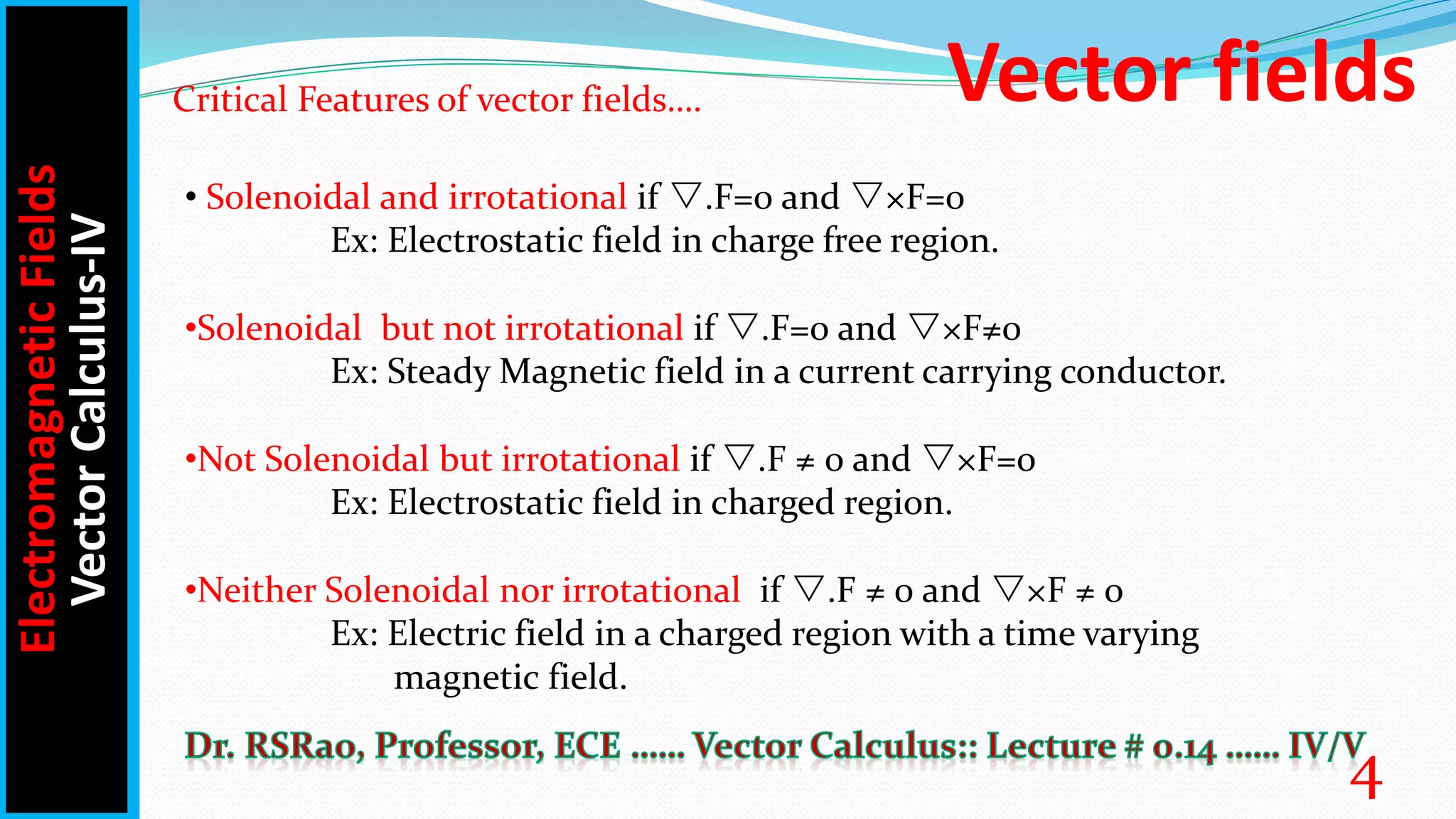 Electromagnetic
Fields
Vector
Calculus-IV
• Solenoidal and irrotational if .F=0 and ×F=0
Ex: Electrostatic field in charge free region.
•Solenoidal but not irrotational if .F=0 and ×F≠0
Ex: Steady Magnetic field in a current carrying conductor.
•Not Solenoidal but irrotational if .F ≠ 0 and ×F=0
Ex: Electrostatic field in charged region.
•Neither Solenoidal nor irrotational if .F ≠ 0 and ×F ≠ 0
Ex: Electric field in a charged region with a time varying
magnetic field.
Vector fields
4
Critical Features of vector fields….
 