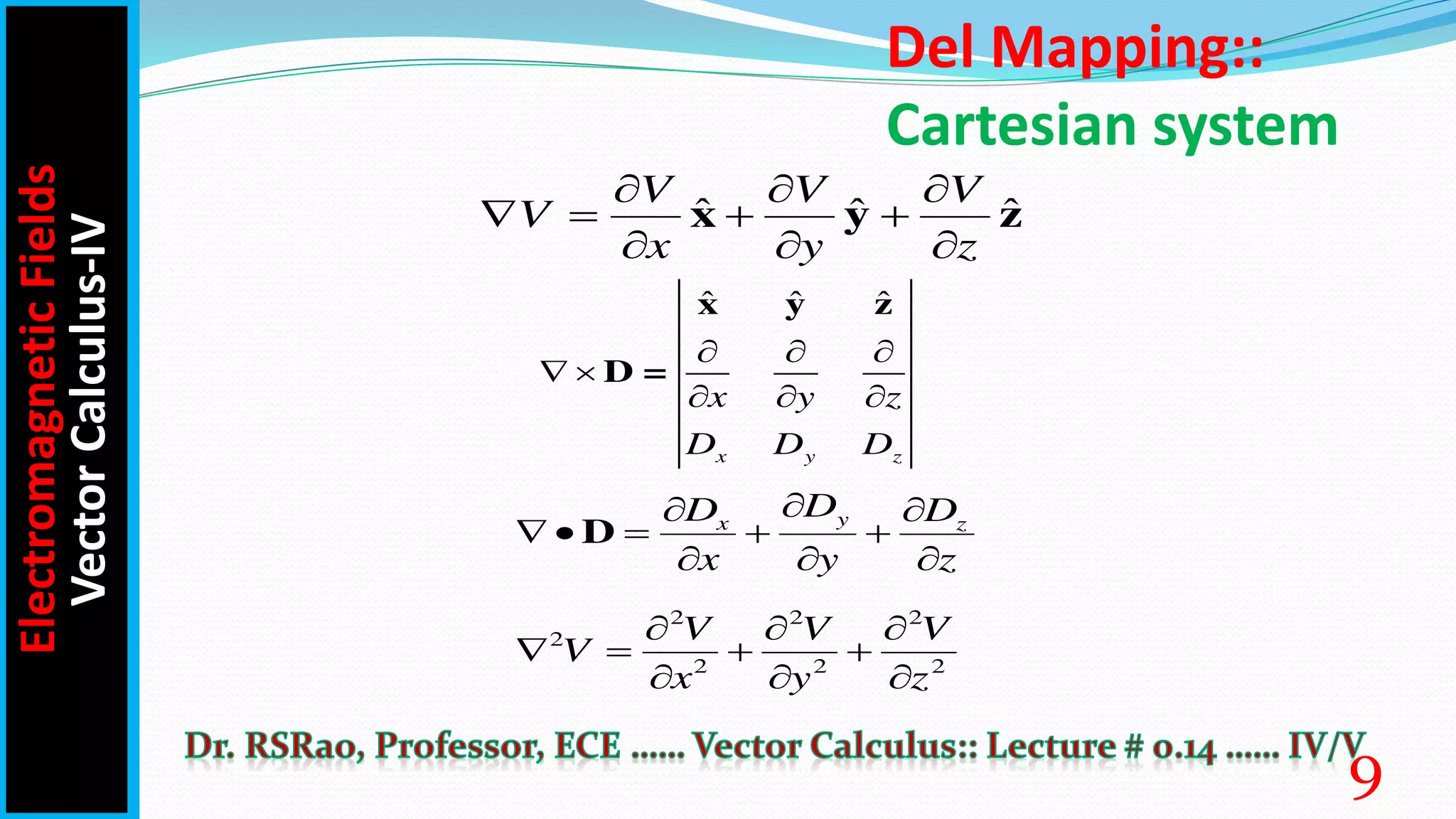 Del Mapping::
Cartesian system
y
x z
D
D D
x y z

 
    
  
D
2 2 2
2
2 2 2
V V V
V
x y z
  
   
  
ˆ ˆ ˆ
V V V
V
x y z
  
   
  
x y z
ˆ ˆ ˆ
x y z
x y z
D D D
  
 
  
x y z
D =
Electromagnetic
Fields
Vector
Calculus-IV
9
 