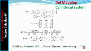 Del Mapping
Cylindrical system
1 ˆ
ˆ ˆ
V V
V   
  
 
  
   
 
  
 
ρ z
̂
1 ˆ
ˆ ˆ
V V

  
  
  
  
ρ z
̂
ˆ
ˆ ˆ
V
z
  
  
 
  
   
 
  
 
ρ z
ˆ
ˆ ˆ
V
z

  
  
  
  
ρ z
ˆ
ˆ ˆ
1
z
z
D D D
 

  

  
 
  
z
D =
 
( ) ( )
1 1 1 z
D D D
z
 
 
    
  
   
  
D
2 2
2
2 2 2
1 1
V V V
V
z

    
 
 
   
   
 
 
   
   
Electromagnetic
Fields
Vector
Calculus-IV
10
 
