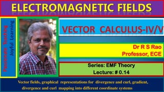 Series: EMF Theory
Lecture: # 0.14
Dr R S Rao
Professor, ECE
Vector fields, graphical representations for divergence and curl, gradient,
divergence and curl mapping into different coordinate systems
Passionate
Teaching
Joyful
Learning
 