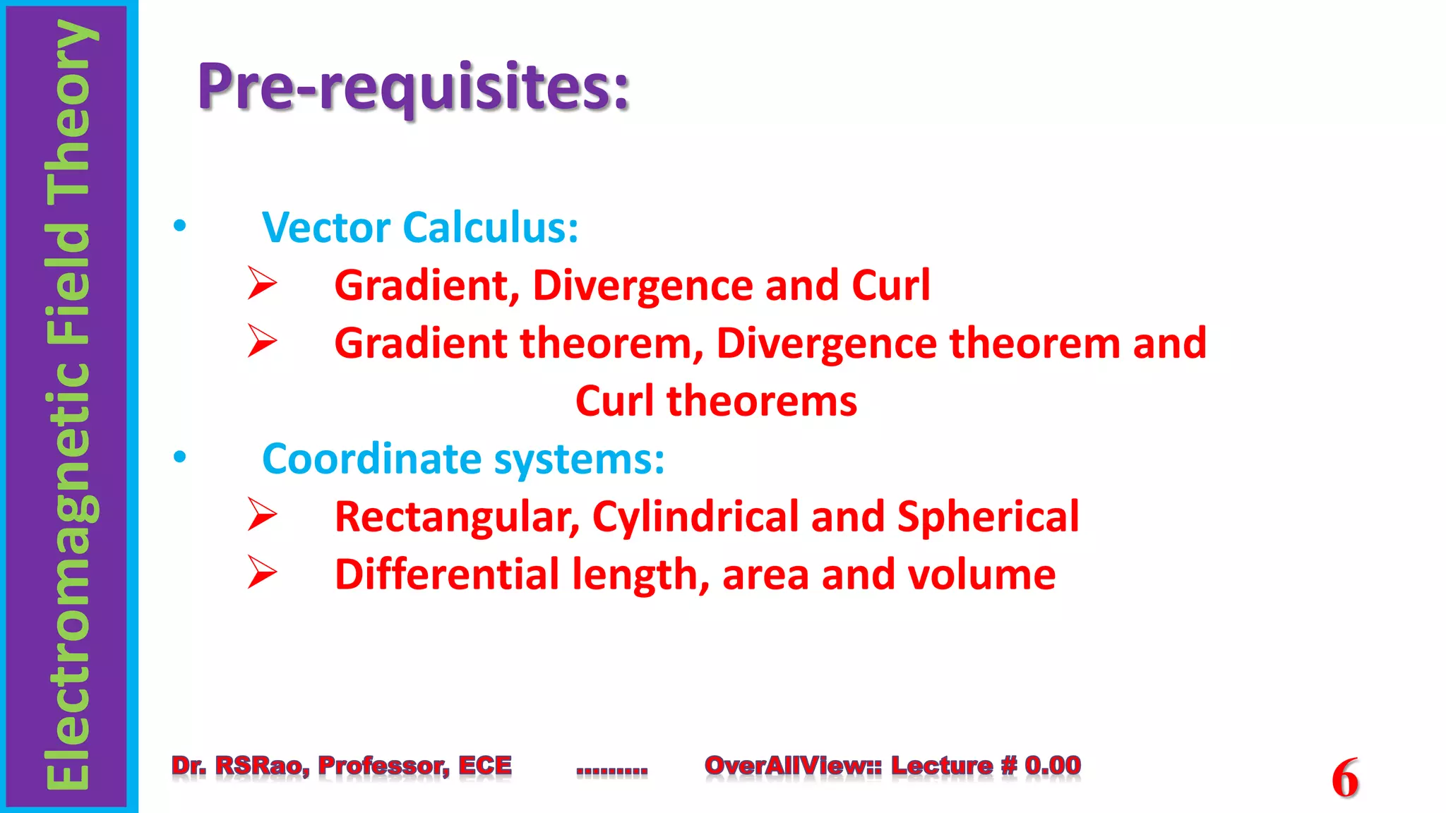 Electromagnetic
Field
Theory
6
• Vector Calculus:
 Gradient, Divergence and Curl
 Gradient theorem, Divergence theorem and
Curl theorems
• Coordinate systems:
 Rectangular, Cylindrical and Spherical
 Differential length, area and volume
Pre-requisites:
 