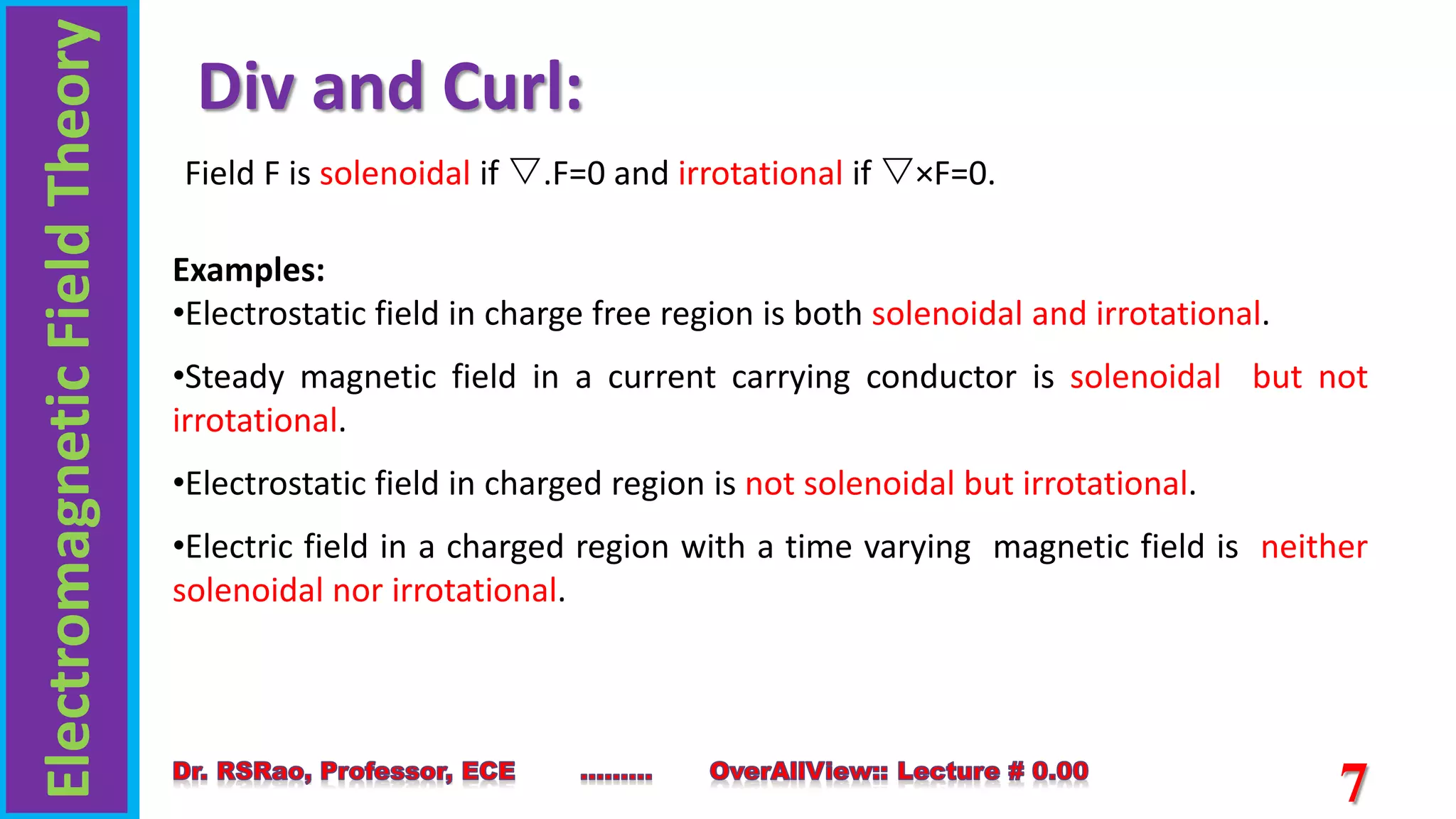 Electromagnetic
Field
Theory
7
Div and Curl:
Examples:
•Electrostatic field in charge free region is both solenoidal and irrotational.
•Steady magnetic field in a current carrying conductor is solenoidal but not
irrotational.
•Electrostatic field in charged region is not solenoidal but irrotational.
•Electric field in a charged region with a time varying magnetic field is neither
solenoidal nor irrotational.
Field F is solenoidal if .F=0 and irrotational if ×F=0.
 