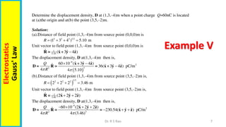 7
Dr. R S Rao
Electrostatics
Gauss'
Law
Example V
Determine the displacement density, D at (1,3,–4)m when a point charge Q=60nC is located
at (a)the origin and at(b) the point (3,5,–2)m.
Solution:
(a).Distance of field point (1,3,–4)m from source point (0,0,0)m is
2 2 2 1 2
(1 3 4 ) 5.10
R     m
Unit vector to field point (1,3,–4)m from source point (0,0,0)m is
1
5.10
ˆ ˆ ˆ ˆ
( +3 4 )

R = x y z
The displacement density, D at(1,3,–4)m then is,
 
9
2
3
2
ˆ ˆ ˆ
60 10 ( +3 4 )
ˆ ˆ ˆ ˆ
36( +3 4 ) pC/m
4 4 5.10
Q
R
 

 

x y z
D = R = = x y z
(b).Distance of field point (1,3,–4)m from source point (3,5,–2)m is,
 
1 2
2 2 2
2 2 2 3.46 m
R    
Unit vector to field point (1,3,–4)m from source point (3,5,–2)m is,
1
3.46
ˆ ˆ ˆ ˆ
(2 2 2 )

 
R = x y z
The displacement density, D at(1,3,–4)m then is,
9
2
2 3
ˆ ˆ ˆ
60 10 (2 2 2 )
ˆ ˆ ˆ ˆ
230.54( ) pC/m
4 4 (3.46)
Q
R
 

   
  
x y z
D = R = = x y z
 