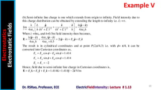 Electrostatics
Electrostatic
Fields
10
Example V
(b).Semi-infinite line charge is one which extends from origin to infinity. Field intensity due to
this charge distribution can be obtained by extending the length to infinity i.e. L→∞.
lim
L 2 2 1 2 2 2 1 2
ˆ ˆ
ˆ ˆ ˆ
λ λ( )
4 ( ) ( ) 4
o o
L
h h L h L h h
 
  
  
 
 
 
ρ z z ρ z
When λ =4πεo and h=0.5m field intensity then becomes,
ˆ
ˆ ˆ
ˆ 4 ( )
λ( )
ˆ ˆ
ˆ ˆ
2( )
4 4 0.5
o
z
o o
E E
h


 


     

ρ z
ρ z
E ρ z ρ z
The result is in cylindrical coordinates and at point P(2,π/4,3) i.e. with = π/4, it can be
converted into Cartesian coordinates as,
cos sin 1.414
x
E E E
 
 
  
sin cos 1.414
y
E E E
 
 
  
2
z z
E E
  
Hence, field due to semi-infinite line charge in Cartesian coordinates is,
ˆ ˆ ˆ ˆ ˆ ˆ
1.414 1.414 2 V/m
x y z
E E E
     
E x y z x y z
 