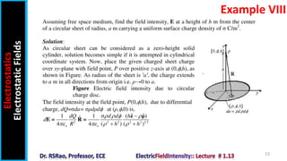 Electrostatics
Electrostatic
Fields
13
Example VIII
Assuming free space medium, find the field intensity, E at a height of h m from the center
of a circular sheet of radius, a m carrying a uniform surface charge density of σ C/m2
.
Solution:
As circular sheet can be considered as a zero-height solid
cylinder, solution becomes simple if it is attempted in cylindrical
coordinate system. Now, place the given charged sheet charge
over xy-plane with field point, P over positive z-axis at (0,,h), as
shown in Figure. As radius of the sheet is ′a′, the charge extends
to a m in all directions from origin i.e. ρ→0 to a.
Figure Electric field intensity due to circular
charge disc.
The field intensity at the field point, P(0,,h), due to differential
charge, dQ=σda= σρdρd at (ρ,,0) is,
2 2 2 2 2 1 2
ˆ
ˆ
1 1 σ ( )
ˆ
4 4 ( ) ( )
o o
dQ d d h
d
R h h
   
   

 
z ρ
E = R =
Since for every dQ over the plane charge, there is another charge dQ on the sheet
ρ
ˆ
σ σ 1 σ 1 1
ˆ ˆ

    
 

 
 