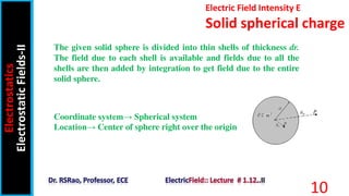 Electric Field Intensity E
Solid spherical charge
Electrostatics
Electrostatic
Fields-II
10
Coordinate system→ Spherical system
Location→ Center of sphere right over the origin
The given solid sphere is divided into thin shells of thickness dr.
The field due to each shell is available and fields due to all the
shells are then added by integration to get field due to the entire
solid sphere.
 