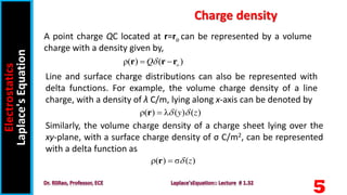 5
Similarly, the volume charge density of a charge sheet lying over the
xy-plane, with a surface charge density of σ C/m2, can be represented
with a delta function as
ρ( ) ( )
o
Q
 
r r r
ρ( ) λ ( ) ( )
y z
 

r
ρ( ) σ ( )
z


r
A point charge QC located at r=ro can be represented by a volume
charge with a density given by,
Line and surface charge distributions can also be represented with
delta functions. For example, the volume charge density of a line
charge, with a density of λ C/m, lying along x-axis can be denoted by
Electrostatics
Laplace's
Equation Charge density
 