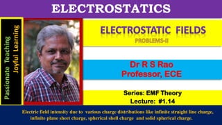Series: EMF Theory
Lecture: #1.14
Dr R S Rao
Professor, ECE
ELECTROSTATICS
Passionate
Teaching
Joyful
Learning
Electric field intensity due to various charge distributions like infinite straight line charge,
infinite plane sheet charge, spherical shell charge and solid spherical charge.
 