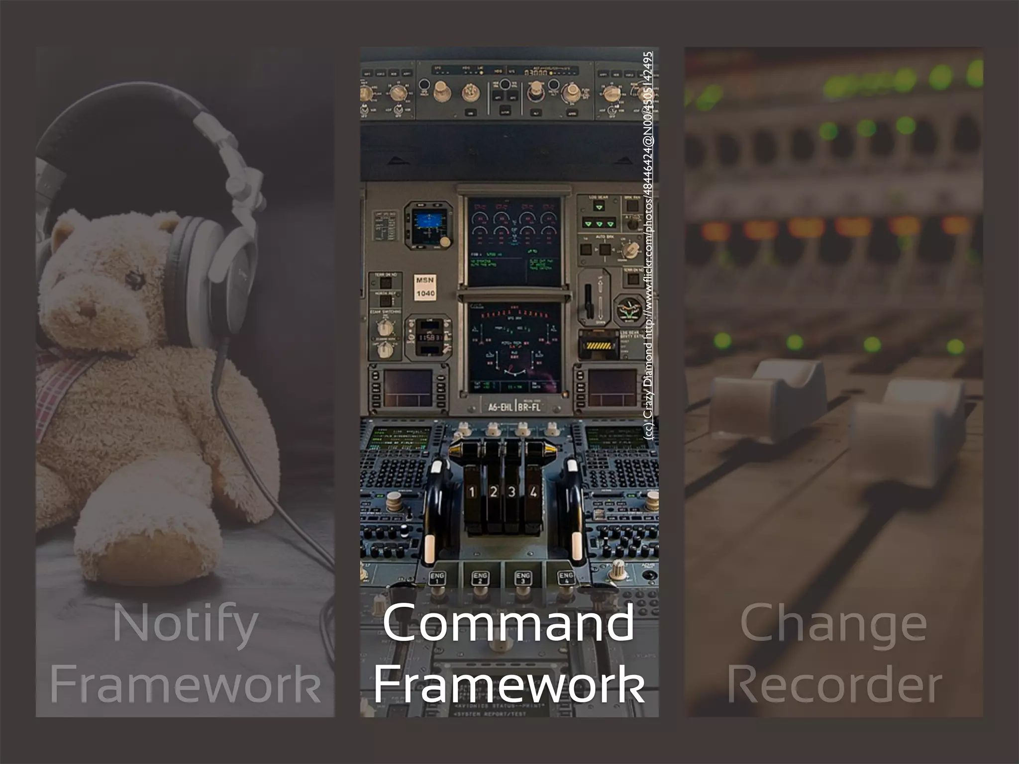 Notify Command
Framework Framework
                      (cc) Crazy Diamond http://www.ﬂickr.com/photos/48446424@N00/4505142495
Change
Recorder
 