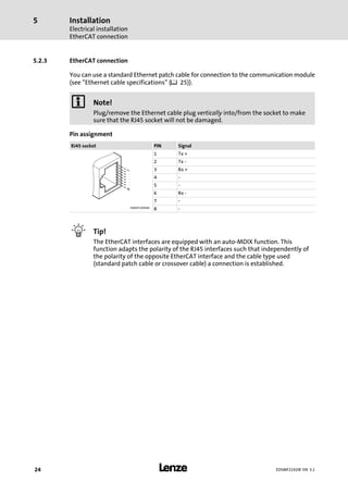 Installation
Electrical installation
EtherCAT connection
5
l24 EDSMF2192IB EN 3.1
5.2.3 EtherCAT connection
You can use a standard Ethernet patch cable for connection to the communication module
(see "Ethernet cable specifications" (¶ 25)).
) Note!
Plug/remove the Ethernet cable plug vertically into/from the socket to make
sure that the RJ45 socket will not be damaged.
Pin assignment
RJ45 socket PIN Signal
1 Tx +
2 Tx −
3 Rx +
4 −
5 −
6 Rx −
7 −
E94AYCXX004C
8 −
I Tip!
The EtherCAT interfaces are equipped with an auto−MDIX function. This
function adapts the polarity of the RJ45 interfaces such that independently of
the polarity of the opposite EtherCAT interface and the cable type used
(standard patch cable or crossover cable) a connection is established.
 