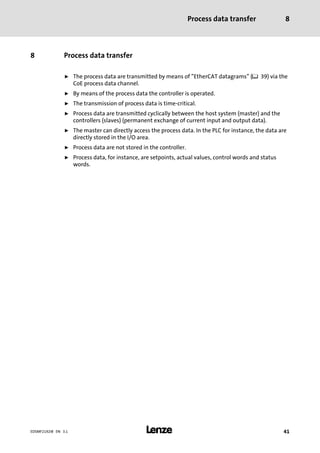 Process data transfer 8
l 41EDSMF2192IB EN 3.1
8 Process data transfer
ƒ The process data are transmitted by means of "EtherCAT datagrams" (¶ 39) via the
CoE process data channel.
ƒ By means of the process data the controller is operated.
ƒ The transmission of process data is time−critical.
ƒ Process data are transmitted cyclically between the host system (master) and the
controllers (slaves) (permanent exchange of current input and output data).
ƒ The master can directly access the process data. In the PLC for instance, the data are
directly stored in the I/O area.
ƒ Process data are not stored in the controller.
ƒ Process data, for instance, are setpoints, actual values, control words and status
words.
 