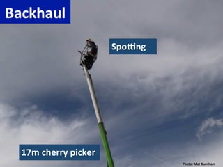 Backhaul	
  
                                 SpoRng	
  




   17m	
  cherry	
  picker	
  
                                              Photo:	
  Mat	
  Burnham	
  
 