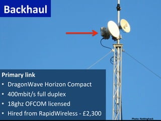 Backhaul	
  




Primary	
  link	
  
•  DragonWave	
  Horizon	
  Compact	
  
•  400mbit/s	
  full	
  duplex	
  
•  18ghz	
  OFCOM	
  licensed	
  
•  Hired	
  from	
  RapidWireless	
  -­‐	
  £2,300	
  
                                                         Photo:	
  NoRnghack	
  
 