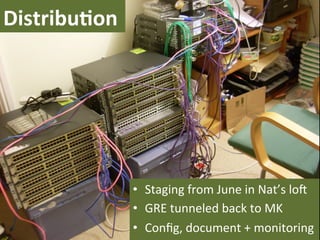 DistribuNon	
  




                  •  Staging	
  from	
  June	
  in	
  Nat’s	
  lo[	
  
                  •  GRE	
  tunneled	
  back	
  to	
  MK	
  
                  •  Conﬁg,	
  document	
  +	
  monitoring	
  
 